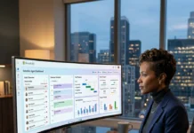Microsoft Copilot Cowork Is Now Generally Available: Features, Pricing, and What IT Admins Need to Know Woman working at a desk using a Microsoft 365 Executive Agent Dashboard on a curved monitor