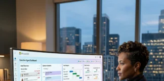 Microsoft Copilot Cowork Is Now Generally Available: Features, Pricing, and What IT Admins Need to Know Woman working at a desk using a Microsoft 365 Executive Agent Dashboard on a curved monitor