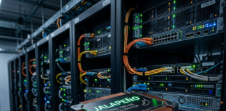 Jalapeño Chip: Revolutionizing AI with 50% Cost Savings Jalapeño AI accelerator installed in server rack with network cables and blinking indicator lights