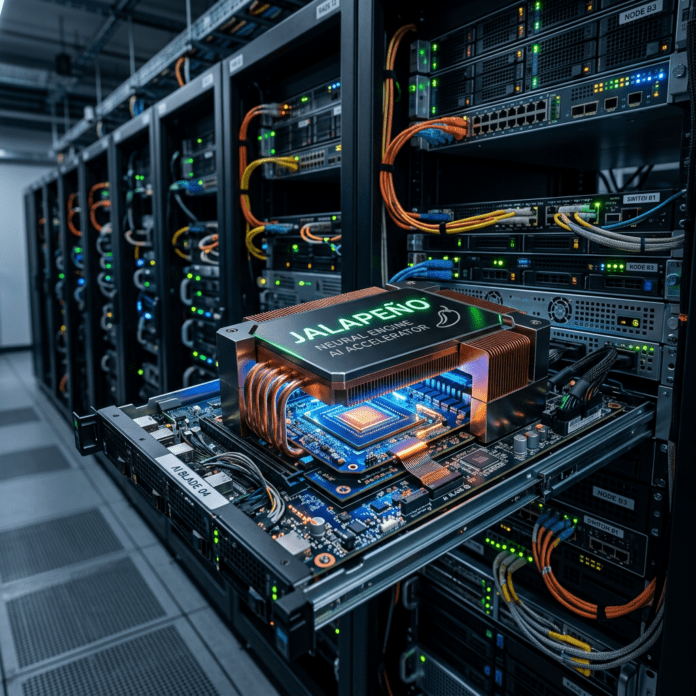 AI accelerator installed in data center rack Jalapeño AI accelerator installed in server rack with network cables and blinking indicator lights